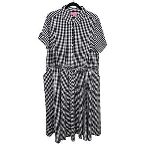 NWOT Woman Within 20W Gingham Midi Shirt Dress Black‎ White Button Front Classic